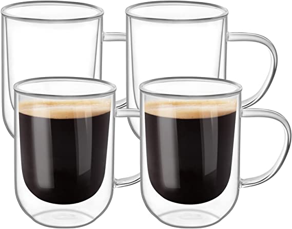 ComSaf 380ml Double Walled Coffee Mug, Cappuccino Latte Macchiato Glasses Cups with Handle Borosilicate Heat Resistant Glass Cups for Coffee Tea Milk Juice, Pack of 4