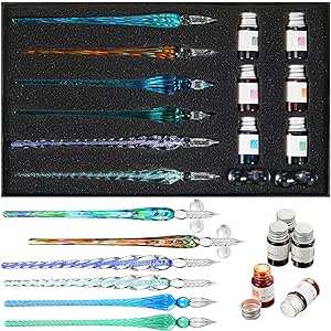 Zonon 6 Pcs Handmade Glass Dip Pen Crystal Glass Signature Pen Calligraphy Glass Pen Vintage Dip Ink Pen Borosilicate Present Pen for Writing Drawing Signatures Calligraphy Decoration (Ink Style)