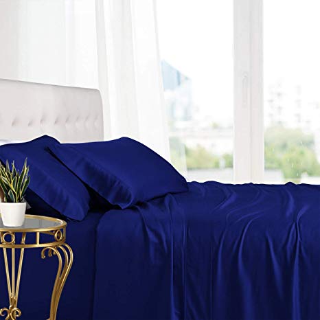 Exquisitely Lavish Body Temperature-Regulated Bedding, 100% Viscose from Bamboo, 300 Thread Count, 4 Piece Queen Size Deep Pocket Silky Soft Sheet Set, Royal Blue