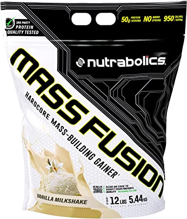 Nutrabolics MASS FUSION Hardcore Mass-Building Gainer - 12lb (29 Servings) - Vanilla Shake - 950 Clean Calories Per Serving - Sweet Potato Quinoa Time-Release Proteins   MCT - Zero Amino Spiking