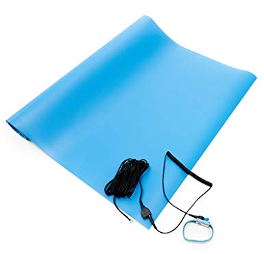 Bertech ESD Three Layer Vinyl Mat Kit with a Wrist Strap and Grounding Cord, 3' Wide x 5' Long x 0.093" Thick, Blue (Made in USA)