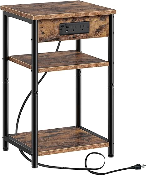 Rolanstar End Table with Charging Station, 3 Tier Slim Nightstand with Storage Shelf, Narrow Side Table with USB Ports & Power Outlets, Steel Frame, for Living Room, Bedroom, Rustic Brown