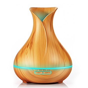 KBAYBO 400ml Aroma Essential Oil Diffuser Ultrasonic Air Humidifier with Wood Grain 7 Color Changing LED Lights for Office Home (Light Wood)