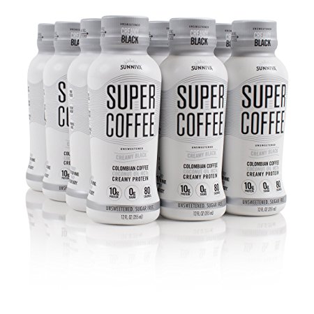 SUNNIVA Super Coffee Creamy Black NEW Sugar-Free Formula, 10g Protein, Lactose Free, Soy Free, Gluten Free, Case of 12
