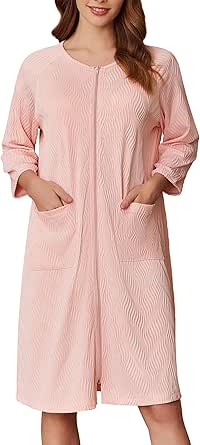 Ekouaer Women Zipper Robes 3/4 Sleeve Ribbed Knit Bathrobe Lightweight Knee Length Loungewear Housecoat with Pockets S-3XL