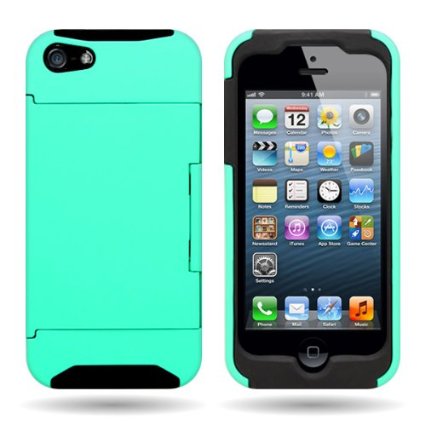 CoverON Hybrid Dual Layer Case with Credit Card Holder for Apple Iphone 5S  5 - TEAL Hard BLACK Soft Silicone