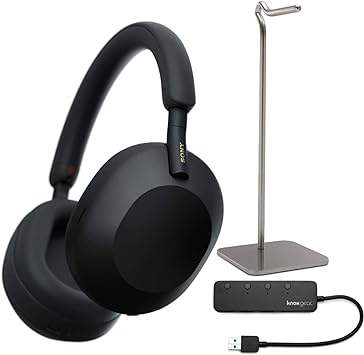 Sony WH-1000XM5 Wireless Noise Canceling Over-Ear Headphones (Black) Bundle with 4-Port USB 3.0 Hub and Alloy Headphone Stand (3 Items)