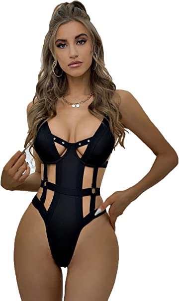 Milumia Women's Eyelet Cut Out Ring Linked Bodysuit Underwire One Piece Teddy Lingerie