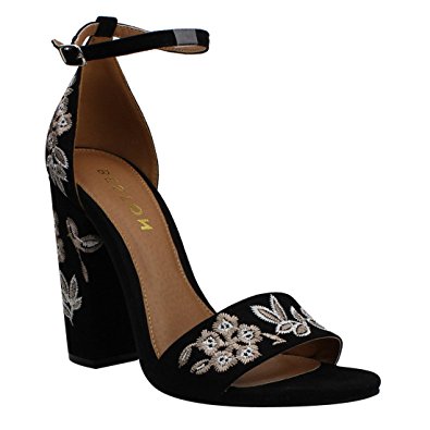 Beston DE29 Women's Froal Embroidery Ankle Strap Block Heel Dress Sandals