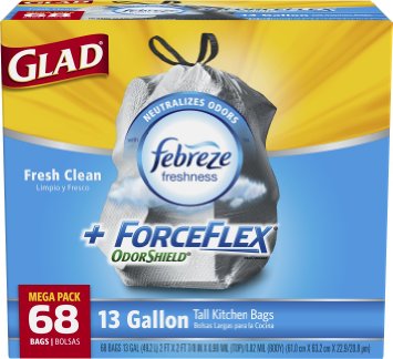 Glad ForceFlex OdorShield Tall Kitchen Drawstring Trash Bags, Fresh Clean, 13 Gallon, 68 Count