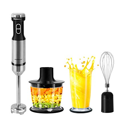 Aigostar Mix Helper 30JPP - Immersion Hand Blender Set, with 600Watt DC Motor, Variable Speed and Turbo Setting, 3-in-1 Multifunctional Mixer with Stirring, Grinder, Whisk, Beaker Attachments, Food Grade 304 Stainless Steel Blades, BPA free. Exclusive design.