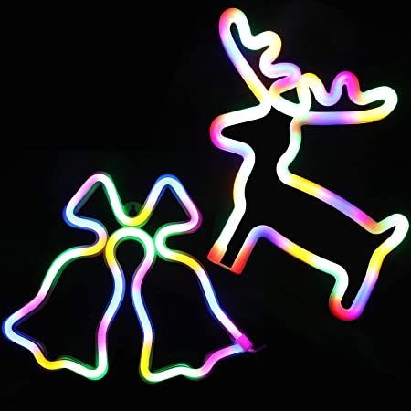 2 Pieces Christmas Neon Sign Colorful Reindeer and Jingle Bell Neon Light LED Light Neon Decoration, Battery or USB Powered for Bedroom Living Room Wedding Bar Birthday Party (Batteries Not Include)