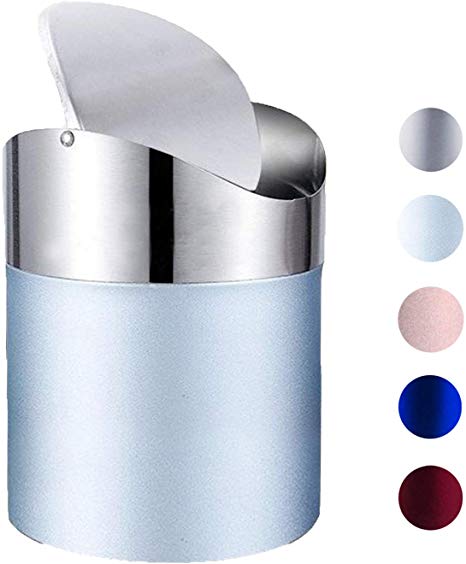 Mini Trash Can with Lid, Brushed Stainless Steel Small Tiny Mini Trash Bin Can, Mini Countertop Trash Cans for Desk Car Office Kitchen, Swing Top Trash Bin 1.5 L/0.40 Gal (Light Blue)