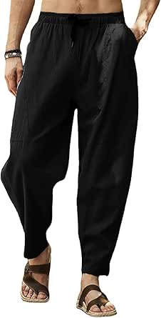 CheChury Pantalones de Lino para Hombre Pantalon de Jogging Pants Casuales de Verano con Bolsillos Pantalones Holgados con Cordón Pantalon Cómodos y Ligeros Pantalones Transpirables de Verano