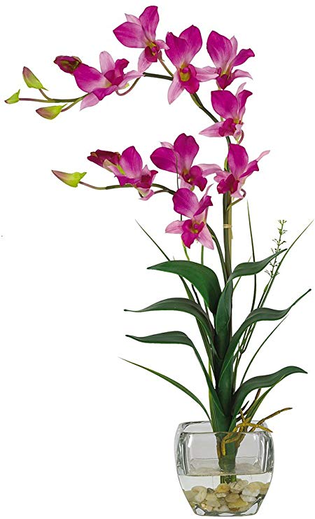 Nearly Natural 1135-PP Dendrobium with Glass Vase Silk Flower Arrangement, Purple