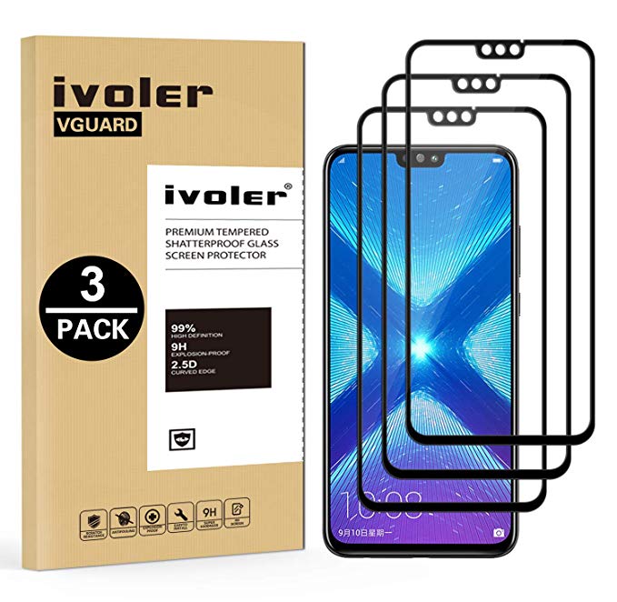iVoler [3 Pack] Compatible with Huawei Honor 8X Screen Protector, [Full Coverage] Tempered Glass Film, [9H Hardness] [Anti-Scratch] [Crystal Clear] [Case Friendly], Black