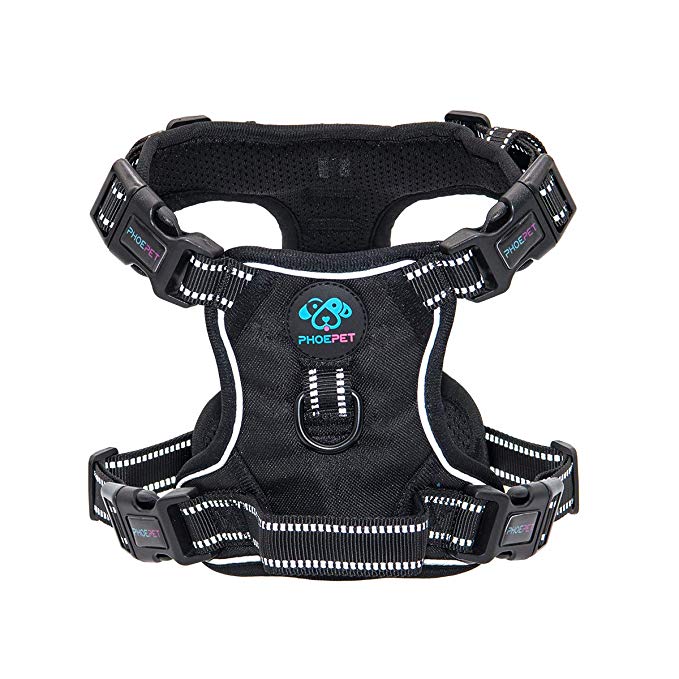 PHOEPET Updated No Pull Dog Harness Reflective Puppy Vest  Training Handle  2 Metal Hooks  4 Snap Buckles  4 Slide Buckles [Easy to Put on & Take Off]