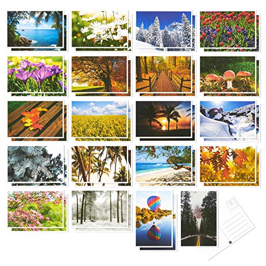 40 Pack Postcards - Four Seasons Postcards Print Variety Pack - Fall, Autumn, Winter, Summer, Spring Theme Self Mailer Postcards with Mailing Side - 20 Picture Designs Postage Saver - 4 x 6 Inches