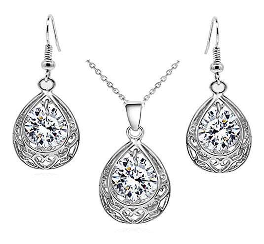 Majesto Jewelry Set Teardrop Pendant Necklace Earrings for Women Teen Girls 18K White Gold Plated Gift