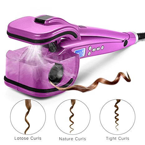 Natalie Styx Purple Professional Automatic Steaming Curling Iron Ceramic Barrels Curl Machine LCD Display Hair styling Curler with Heat Protective Glove,Travel Size Pouch and 2 Clips,Gift for friends