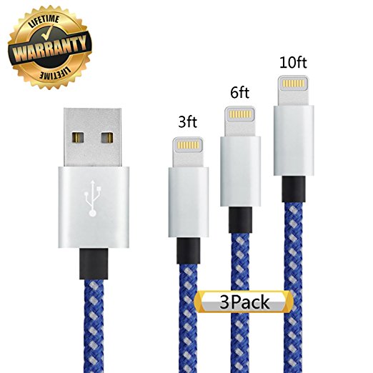 iPhone Cable 3Pack 3FT 6FT 10FT, GUIGUI Extra Long Nylon Braided Charging Cord Lightning Cable to USB Charger for iPhone 7, 7 Plus, 6S, 6, SE, 5S, 5, iPad, iPod Nano 7 - Blue White