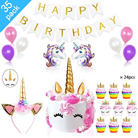 Daisyformals Unicorn Party Supplies Decorations with Unicorn Cake Topper,Unicorn Headband,24 Pcs Unicorn Cupcake Toppers Wrappers and Happy Birthday Banner   Unicorn Balloons Party Ballons (35 Packs)