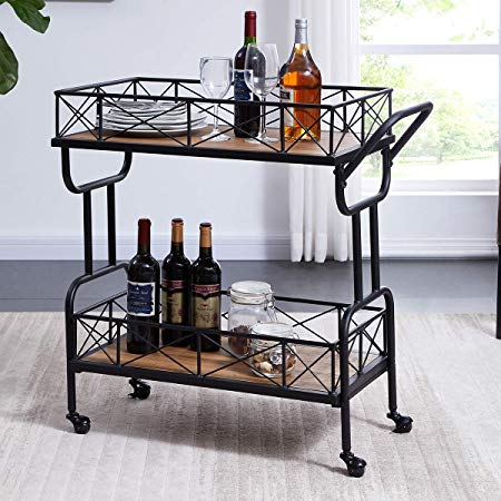 Homissue Kitchen Bar Cart on Wheels, Industrial Style Rolling Serving Bar Cart with Rack, Brown