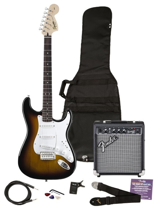 Fender Strat Pack Bundle with Squier Affinity Strat Guitar, Frontman 10G Amplifier, Tuner, Instructional DVD, Gig Bag, Cable, Strap, and Picks - Sunburst
