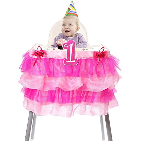 HBBMagic Baby 1st Birthday Deluxe High Chair Tutu Tulle Skirt Decoration Party Supplies Centerpiece, 37”, Multiple Colors (Rose/Pink)