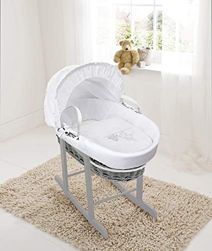 White Teddy Wash Day On Grey Wicker Moses Basket & Deluxe Dove Grey Rocking Stand