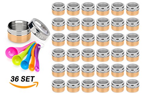 Stainless Steel Magnetic Spice Jars – Bonus Measuring Spoon Set – Airtight Kitchen Storage Containers – Stack on Fridge to Save Counter & Cupboard Space – 36pc Organizers in Gold