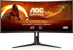 AOC Gaming CU34G2XP - WQHD Curved Monitor da 34 pollici, 180 Hz, FreeSync Prem., HDR400 (3440x1440, 1ms GtG, HDMI, DisplayPort, USB Hub) nero-rosso