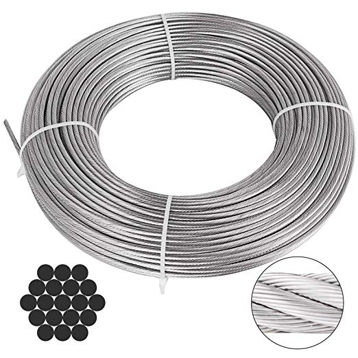 VEVOR 316 Stainless Steel Cable 200ft Stainless Steel Wire Rope 1/8" 1x19 Steel Cable for Railing Decking DIY Balustrade (T316 1/8" 200ft)