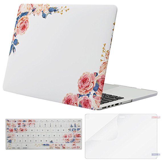 Mosiso Plastic Pattern Hard Case with Keyboard Cover with Screen Protector Only for MacBook Pro Retina 13 Inch No CD-Rom (A1502/A1425, Version 2015/2014/2013/end 2012), Pink Peony on White Base