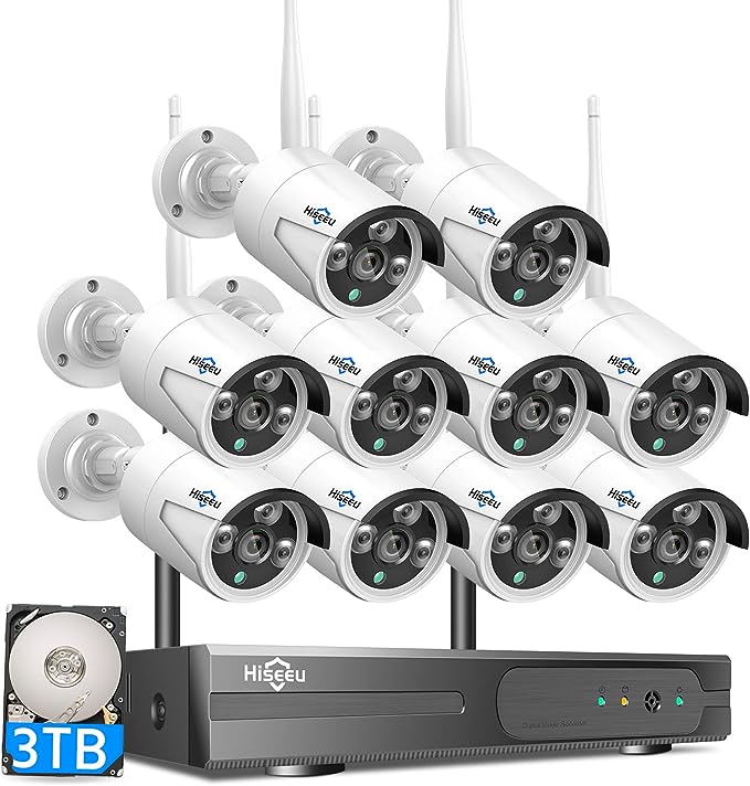 Hiseeu 2K Wireless Security Camera System Outdoor/Indoor 10 CH 5MP NVR Kit 10Pcs cameras 3MP WiFi Surveillance Camera for Home Night Vision, IP66 Waterproof, Motion Detection, 3TB Hard Drive, DC Power