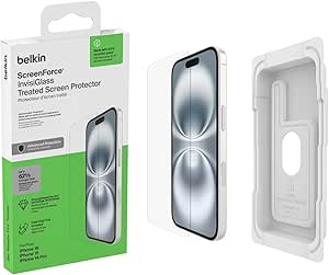 Belkin ScreenForce InvisiGlass Treated Screen Protector for iPhone 16, iPhone 15, & iPhone 14 Pro, Scratch-Resistant Impact Protection w/ Included Easy Align Tray for Bubble Free Application - Made with Recycled Glass