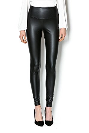 Ginasy Black Leather Like Leggings Pants, Stretchy High Waisted Tights for Women Girls