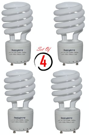 SleekLighting 23Watt T2 Spiral CFL Light Bulb 4200K 1300lm GU24 base - 4pack