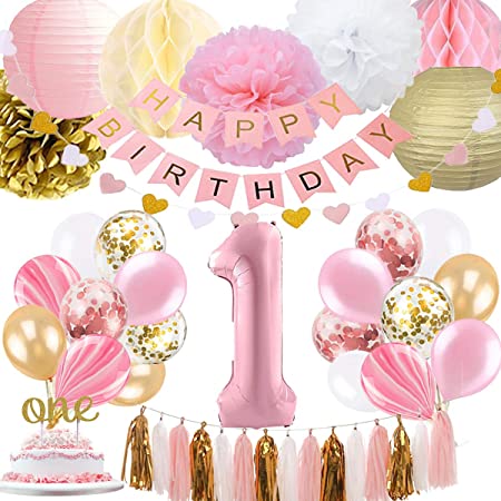 1st Birthday Girl Decoration, Baby Girls First Birthday Decoration with Happy Birthday Banner, Number 1 Birthday Balloons for Pink and Gold Party Supplies Decoration 1st Birthday