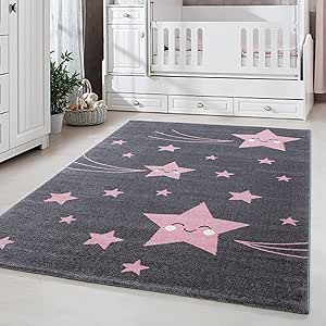 Carpetsale24 Kinderteppich süßes Stern Muster Grau und Pink 200 x 290 cm - Kurzflor Teppich Kinderzimmer für Jungen und Mädchen Weich und Pflegeleicht - Waschbar Spielteppich Babyzimmer Babyteppich