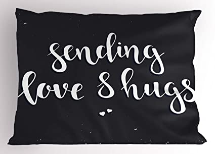 Ambesonne Hug Pillow Sham, Sending Love and Hugs Lettering in Ink Brush Cursive Style Modern Romance, Decorative Standard Size Printed Pillowcase, 26" X 20", Dark Blue Grey and White