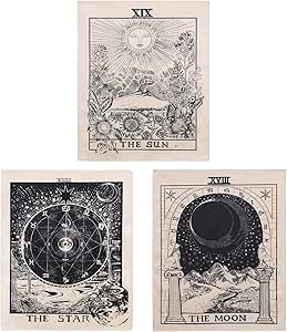 3Pcs Tarot Tapestry Wall Hanging Decor - Star Sun and Moon Tarot Card Tapestries Bohemian Room Decoration (Black&Beige,16 x 20 in)