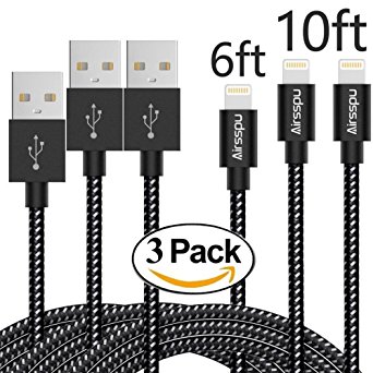Airsspu iPhone Cable,3Pack(6FT/10FT/10FT)Nylon Braided Lightning Cable USB Cord Charging Cable for iPhone 6/6S/6 Plus/6S Plus/5/5S/5C/SE/iPad Mini/Air/Pro/iPod Touch and more (Black Gray)