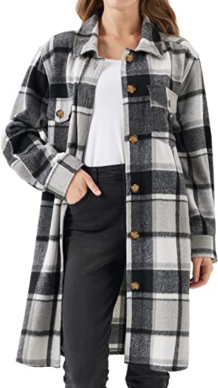 Women's Long Plaid Shacket, Lapel Button Down Shirt, Oversized Long Sleeve Jacket, Side Pocket Knee Length Brushed Coat