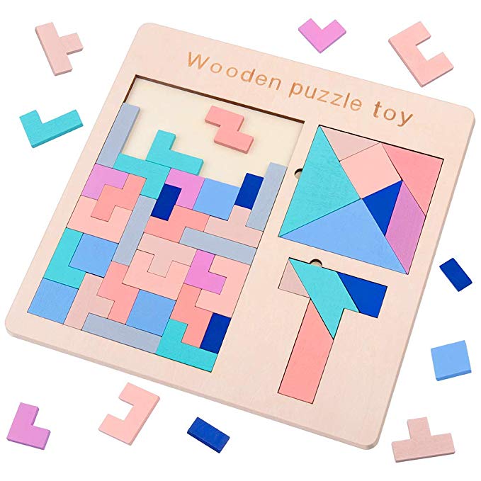 D-FantiX 3 in 1 Wooden Tetris Puzzle Tangram Puzzle T Jigsaw Intelligence Puzzle Game Iq Brain Teasers Fun Children Educational Toys for Kids Adults