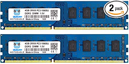 DDR3 1333 Mhz 2Rx8 PC3 10600U, 240-pin 8GB DDR3 PC3-10600 Desktop Memory Kit (2x4GB), Motoeagle 1.5V CL9 Dual Rank UDIMM Module Upgrade Chips