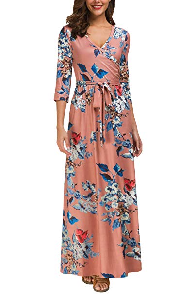 Kranda Womens 3/4 Sleeve V Neck Floral Print Faux Wrap Long Maxi Dress with Belt