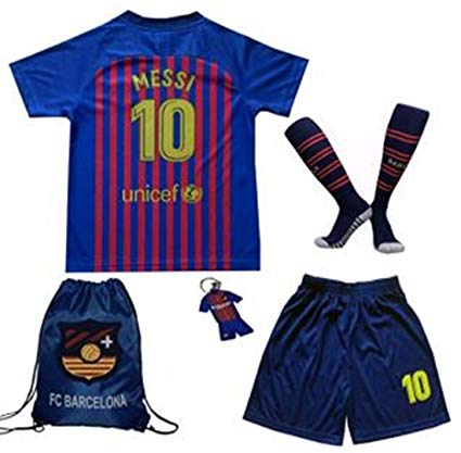 LISIMKE 2018-2019 Home Messi #10 Barcelona Kids Or Youth Soccer Jersey & Shorts & Socks Bag