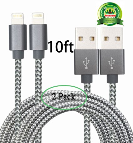 Abloom 2pcs 10ft Lightning Cable Nylon Braided Charging Cable Extra Long USB Cord for iphone 6s,6s plus,6plus,6,5s 5c 5,iPad Mini, Air,iPad5,iPod 7on iOS9.(Grey and Silver)