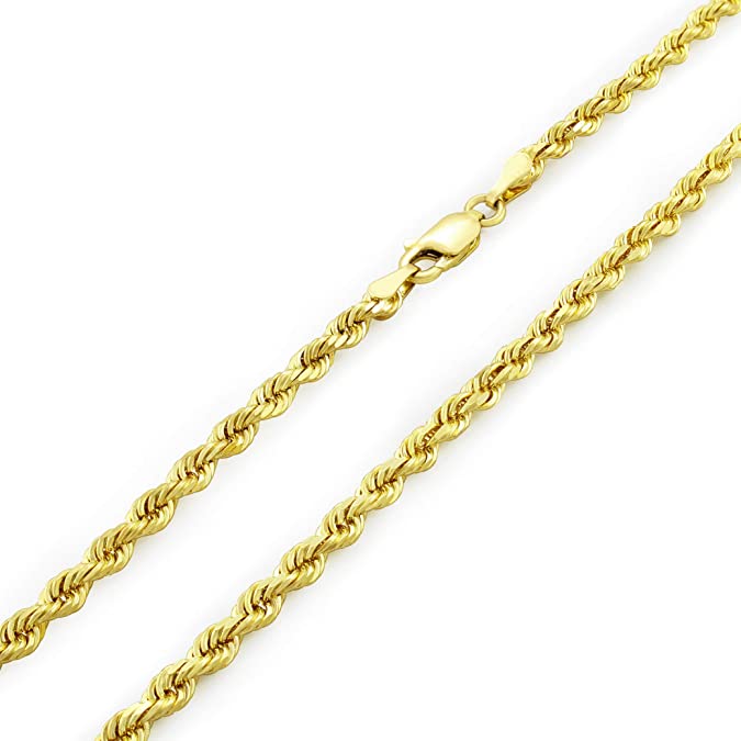 Nuragold 14k Yellow Gold 3mm Solid Rope Chain Diamond Cut Pendant Necklace, Mens Womens Lobster Lock 16" 18" 20" 22" 24" 26" 28" 30"